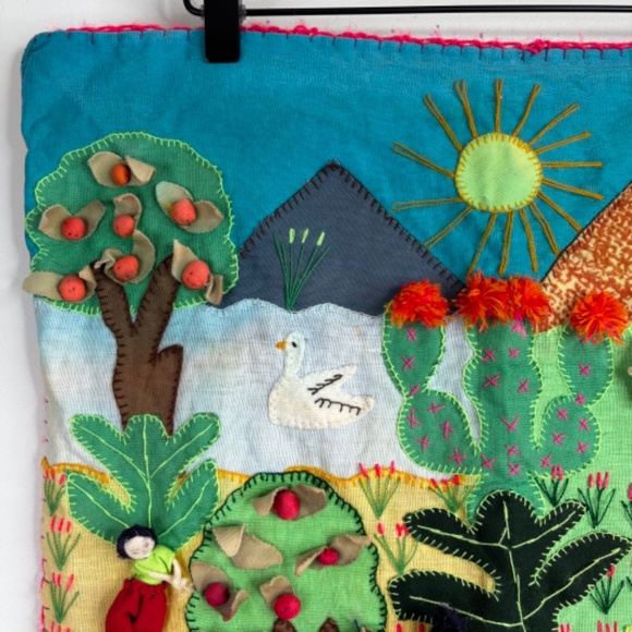 Peru Arpillera Handmade 3D Wall Art Hanging Village Garden Cabbage Trees Cactus - Picture 2 of 12